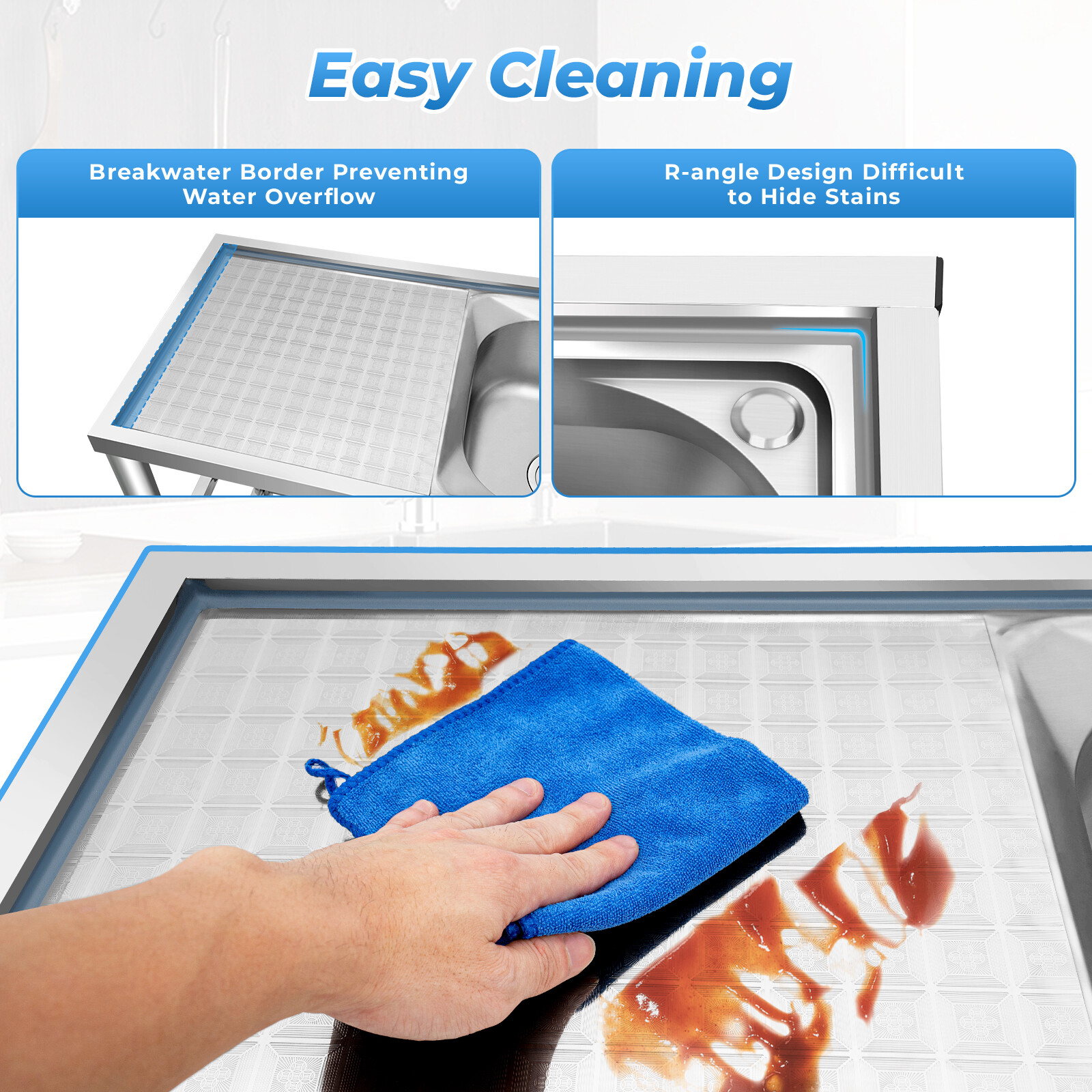 Stainless Steel Commercial Sink Kitchen Utility Sink 2 Compartments + Prep Table