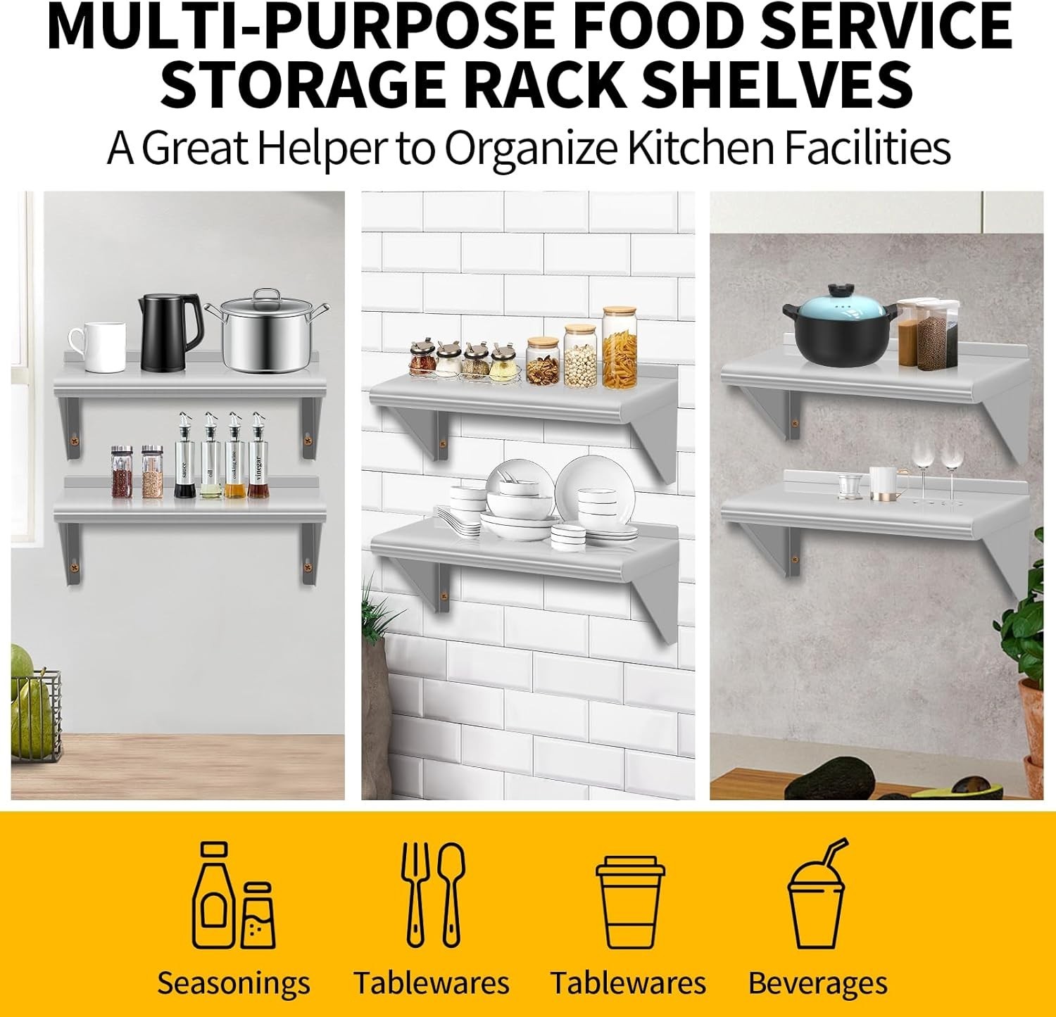 2 Pack Stainless Steel Wall Shelf 8.6 x 16 Inches Commercial Grade Metal Kitchen
