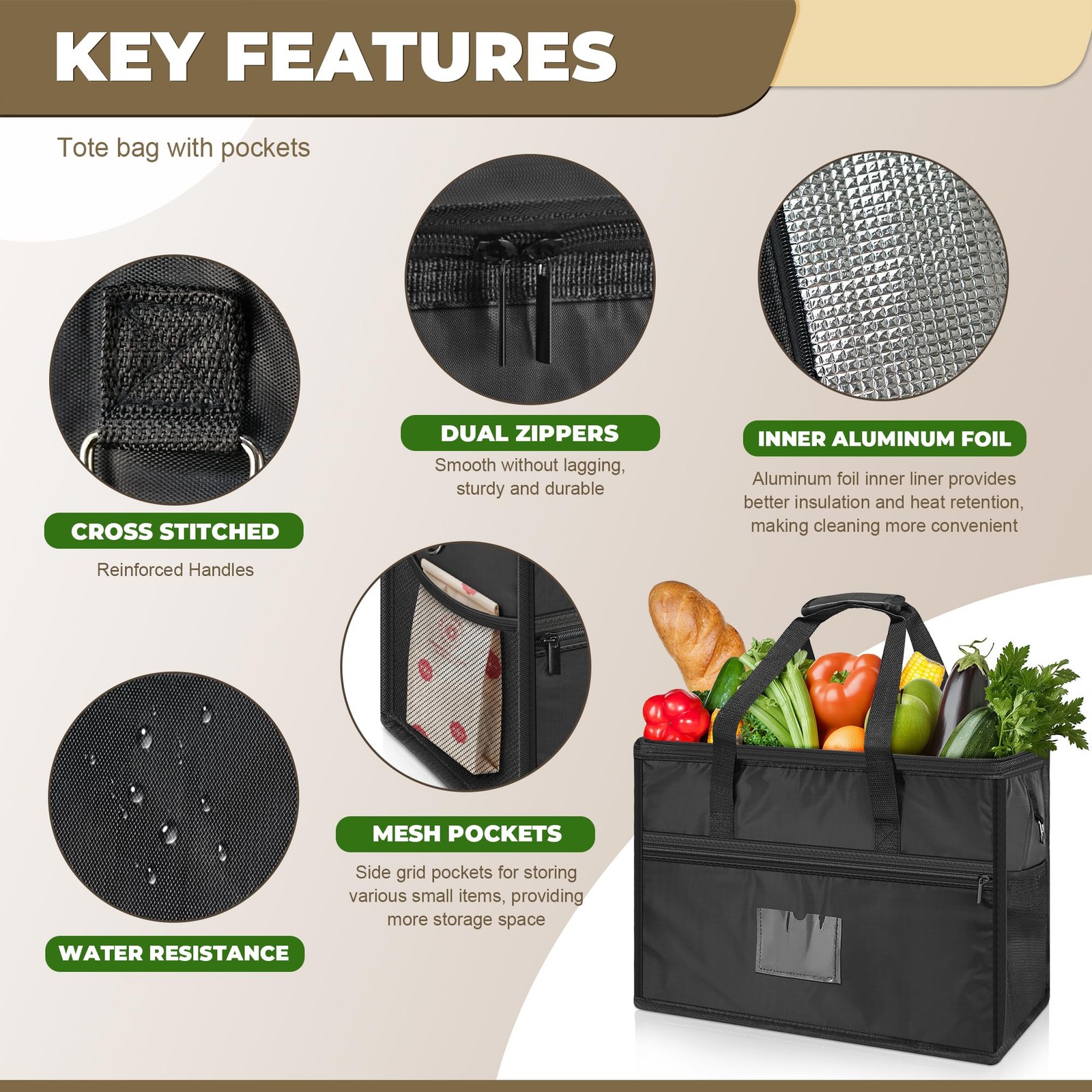 40L Insulated Food Delivery Bag, Heavy-Duty 16x12x11 inches, Black