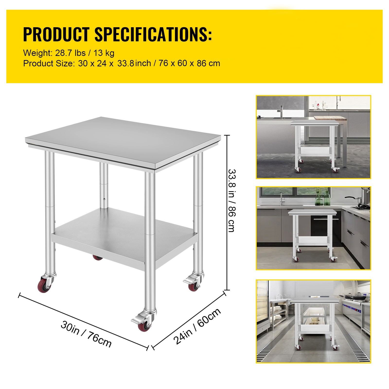 Rolling Stainless Steel Work Table 30″x24″ Cart + Casters Undershelf Heavy Duty