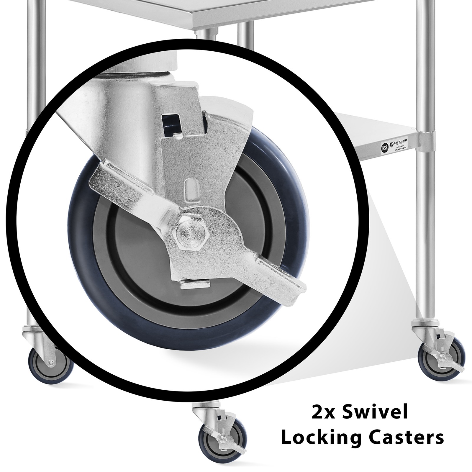 Set of 4 Commercial Caster Wheels, 2 with Brakes for Kitchen Prep & Work Tables