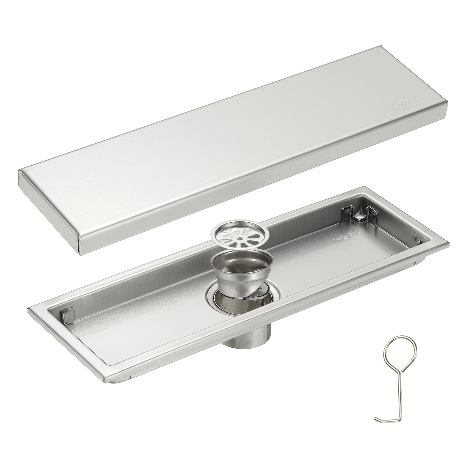 Rectangular Shower Drain Odor-proof Floor Drain 12 Inch Brushed Silver