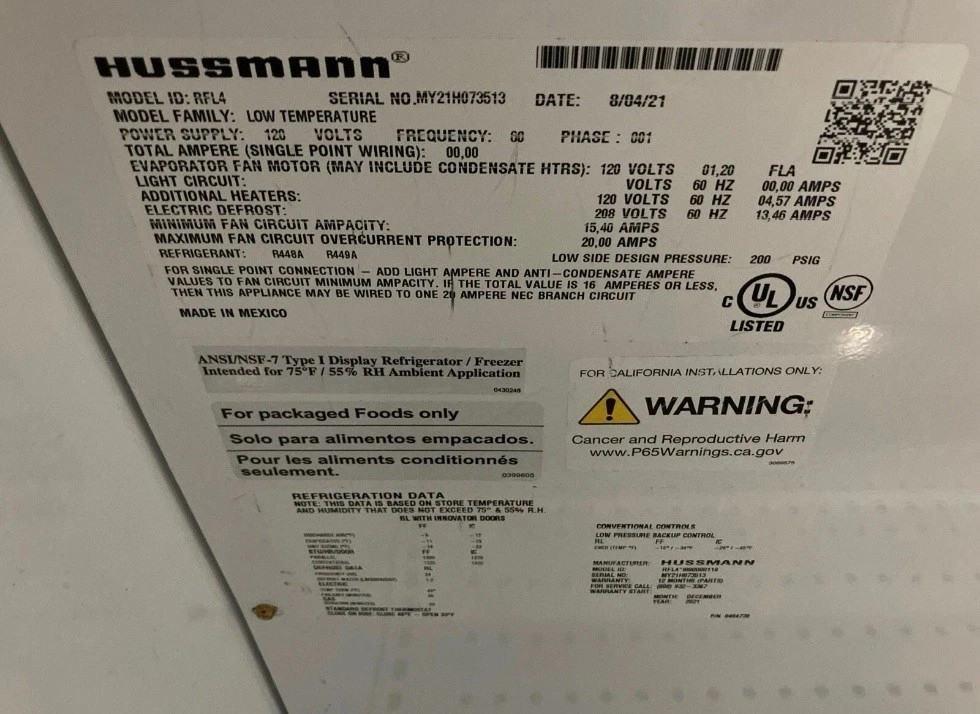 Hussmann RFL4 4 Door Glass Freezer Merchandiser Low Temp Display Case