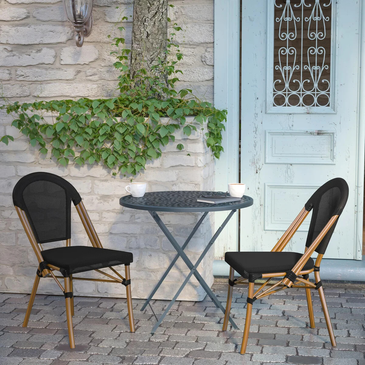 Bistro Style Gray Armless Dining Chair With Bamboo Aluminum Frame
