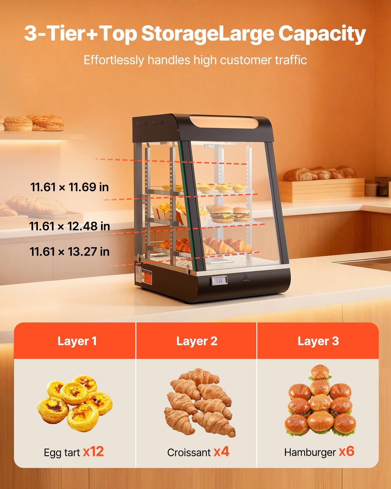 VEVOR 3-Tier Commercial Food Warmer Display Pizza Cabinet 60 Qt /57L LED Light