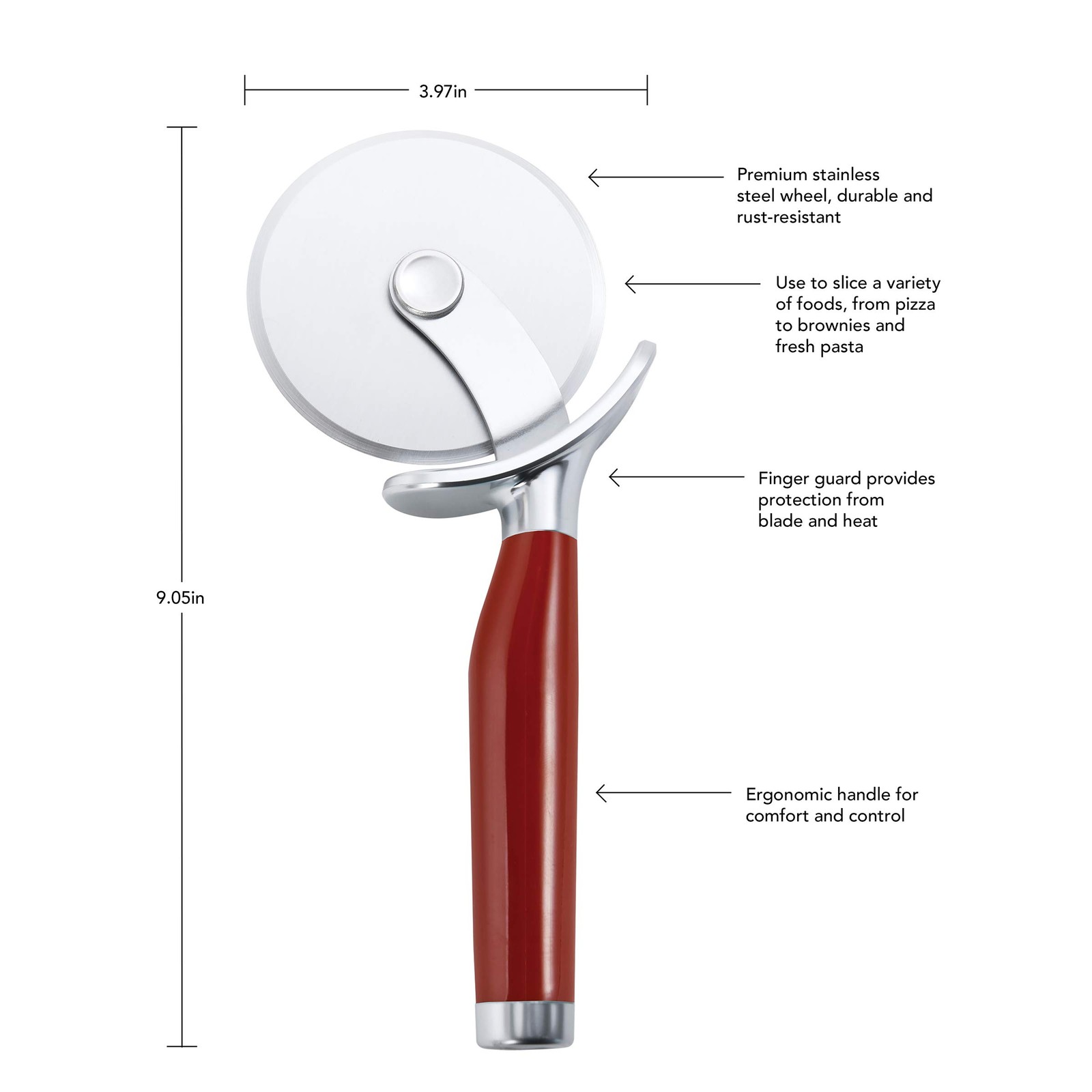 KitchenAid Classic Pizza Wheel with Sharp Blade For Cutting 9-Inch, Red