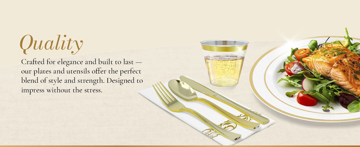 Plastic Plates for Party | 210 Pieces | White w/Gold Rim | Plates and Napkins