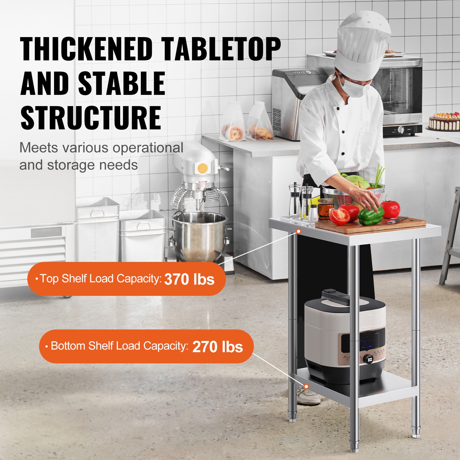 VEVOR Stainless Steel Work Prep Table Commercial Worktable Food Prep 24x18x34in