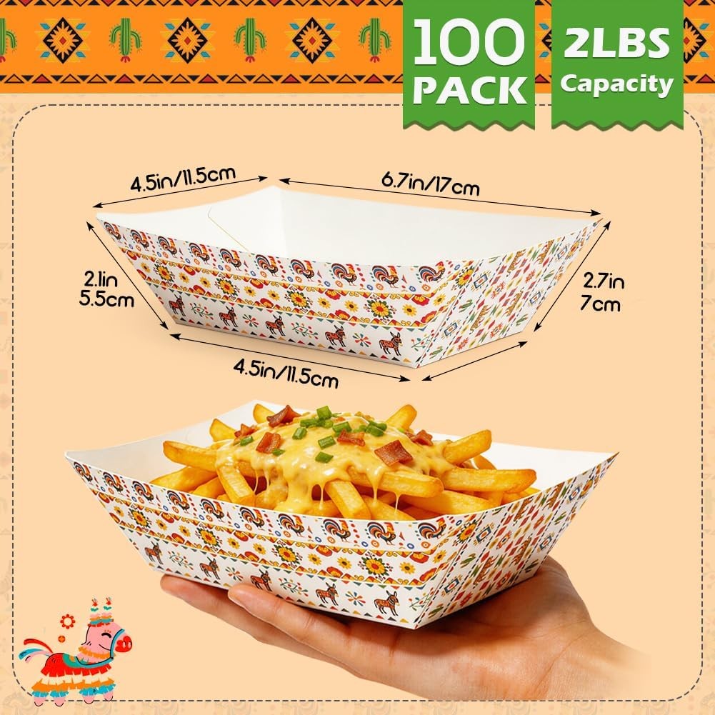 100 PCS 2LB Paper Food Boat Trays, Disposable Mexican Nacho Trays Fully