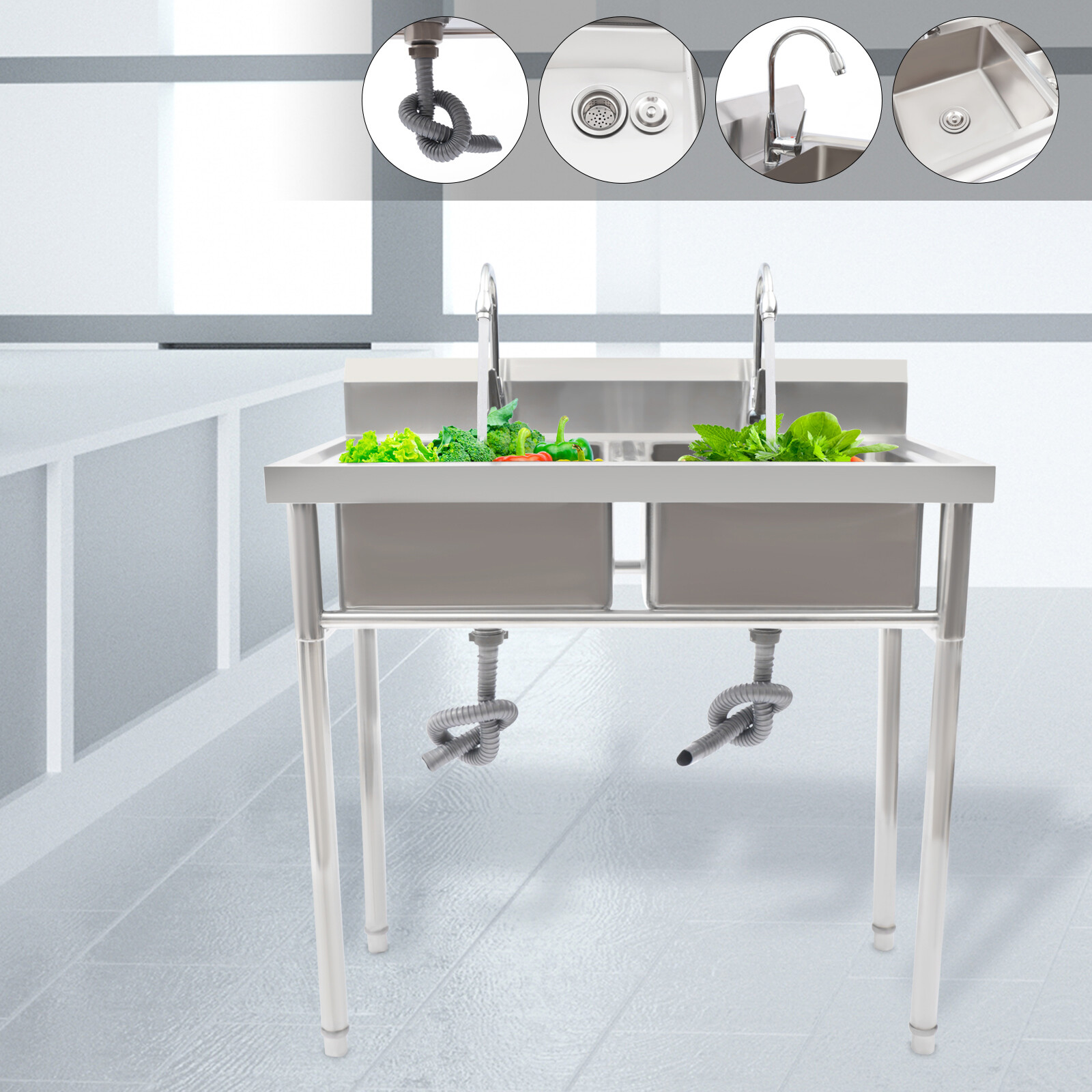 Commercial Utility Prep Sink Stainless Steel 2 Dual Compartment w/ Basins Faucet