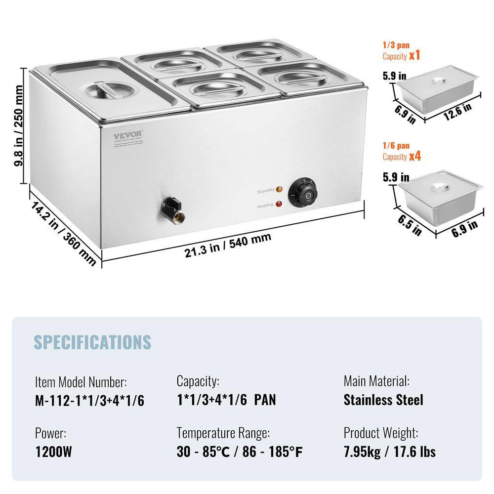 5-Pan Commercial Food Warmer, 15.3 Qt. 1200-Watt Professional Countertop Sliver