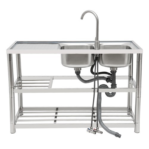 Free Standing Commercial Kitchen Sink Stainless Steel Dual Bowl For Restaurant