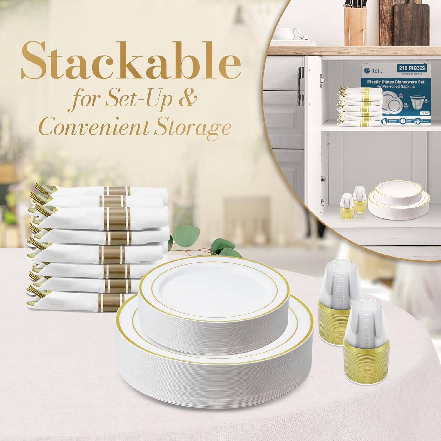 Plastic Plates for Party | 210 Pieces | White w/Gold Rim | Plates and Napkins