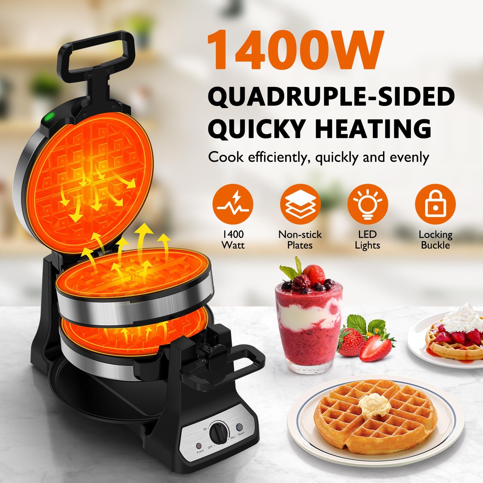 Waffle Maker, 1400W Belgian Double Iron Double, Sliver