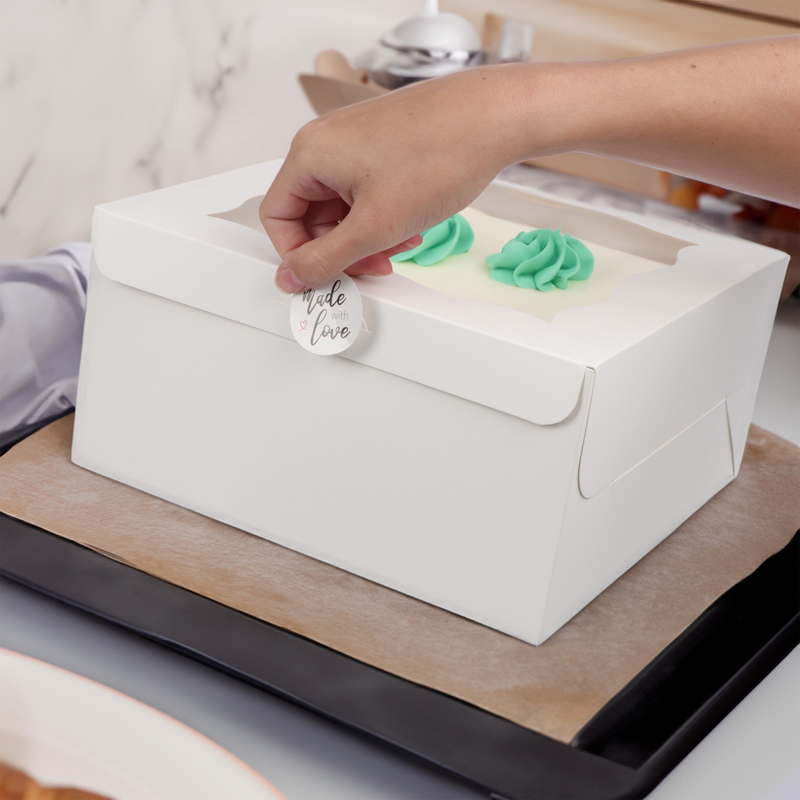 Spec101 Square Cake Boxes with Stickers – 24pk White Cake Boxes 10x10x5 Inch