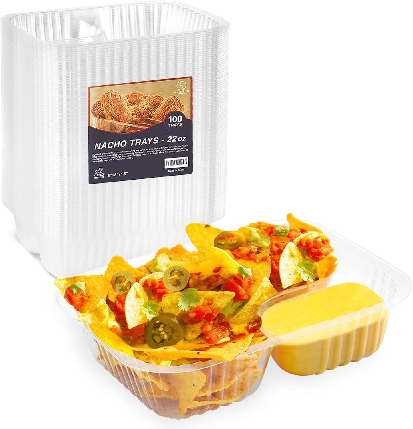 100 Pcs Nacho Trays – Large 6″x8″ Disposable 22 Oz – 2 Compartments Clear Pla…
