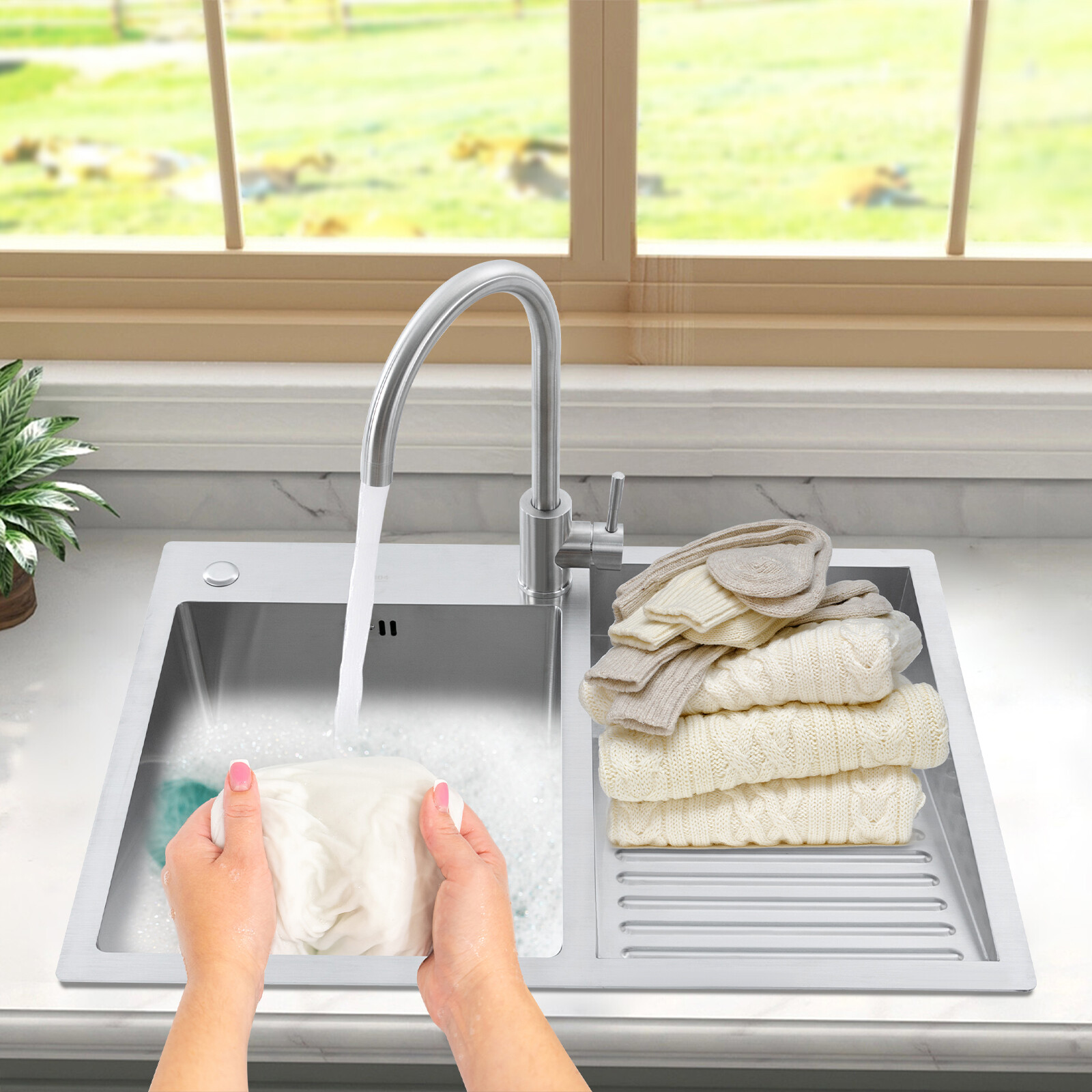 Stainless Steel Drop-in Laundry Sink Workstation Sink w/ Faucet 27.56*18.9*8.66″
