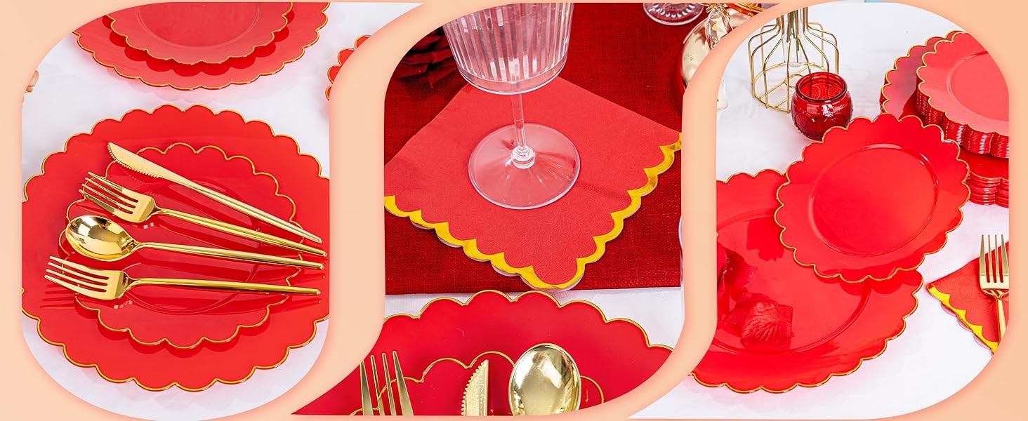 LIYH 210 Pcs Red Plastic Plates – Red Disposable Plates and Napkins Set, Gold