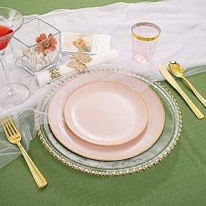 210Pcs Plastic Pink Plates with Gold Plastic Silverware Set Include 30Pink