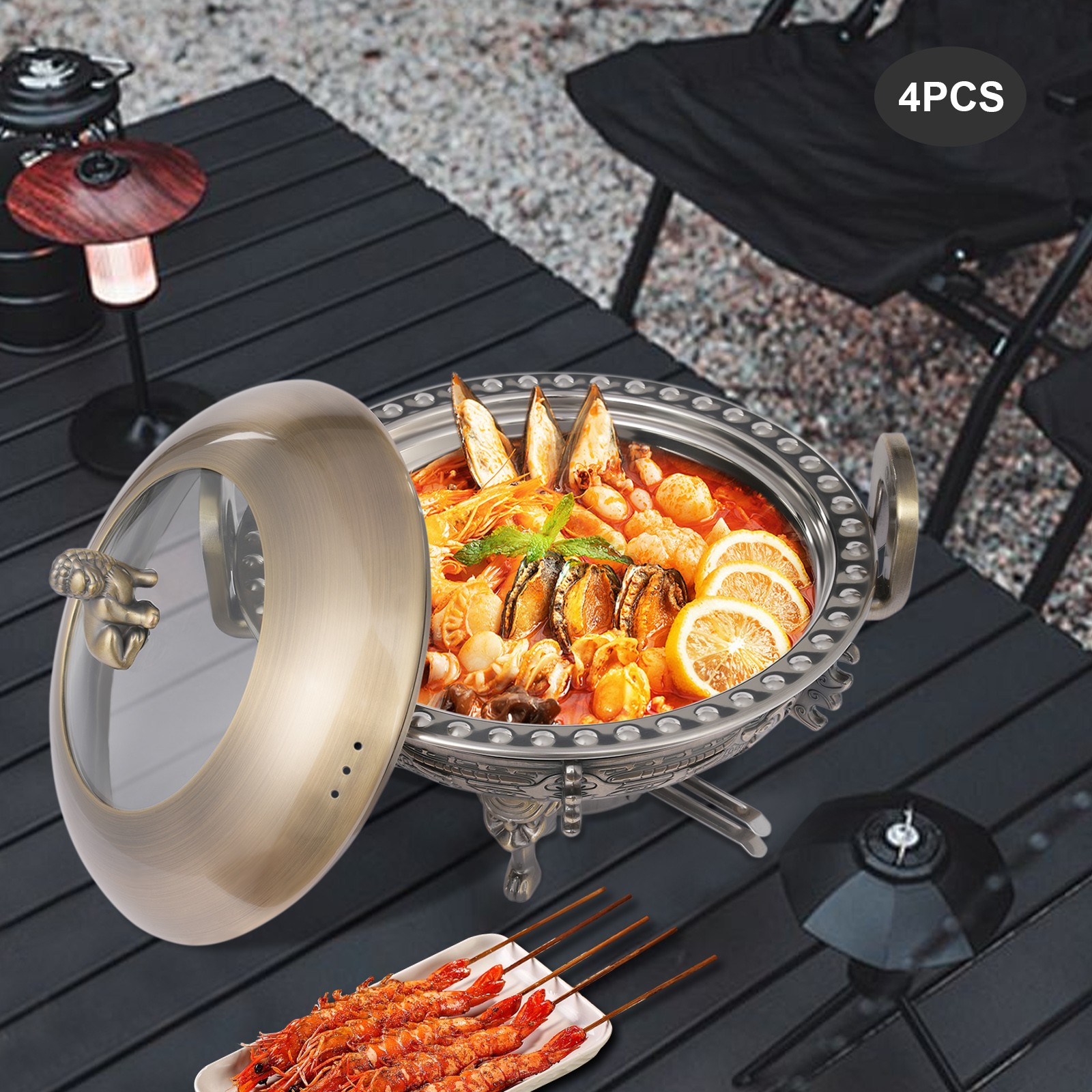 4 Pack Round Chafing Dish Stainless Steel Chafer Sets Catering Food Warmer NEW