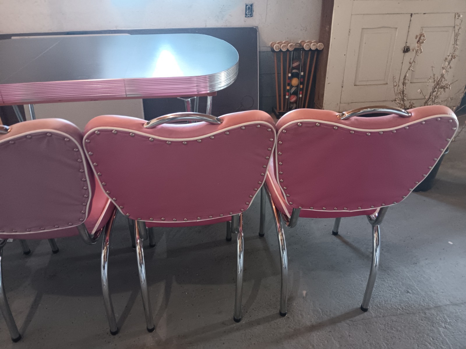 Retro Style, Chrome Edge Table and 4pc. Pink Chair Set