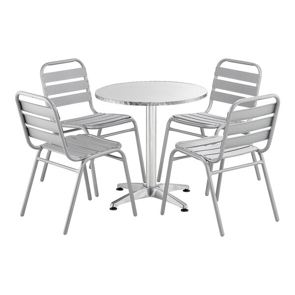 27 1/2» Round Chrome Metal Restaurant Table with 4 Slat Back Armless Chairs