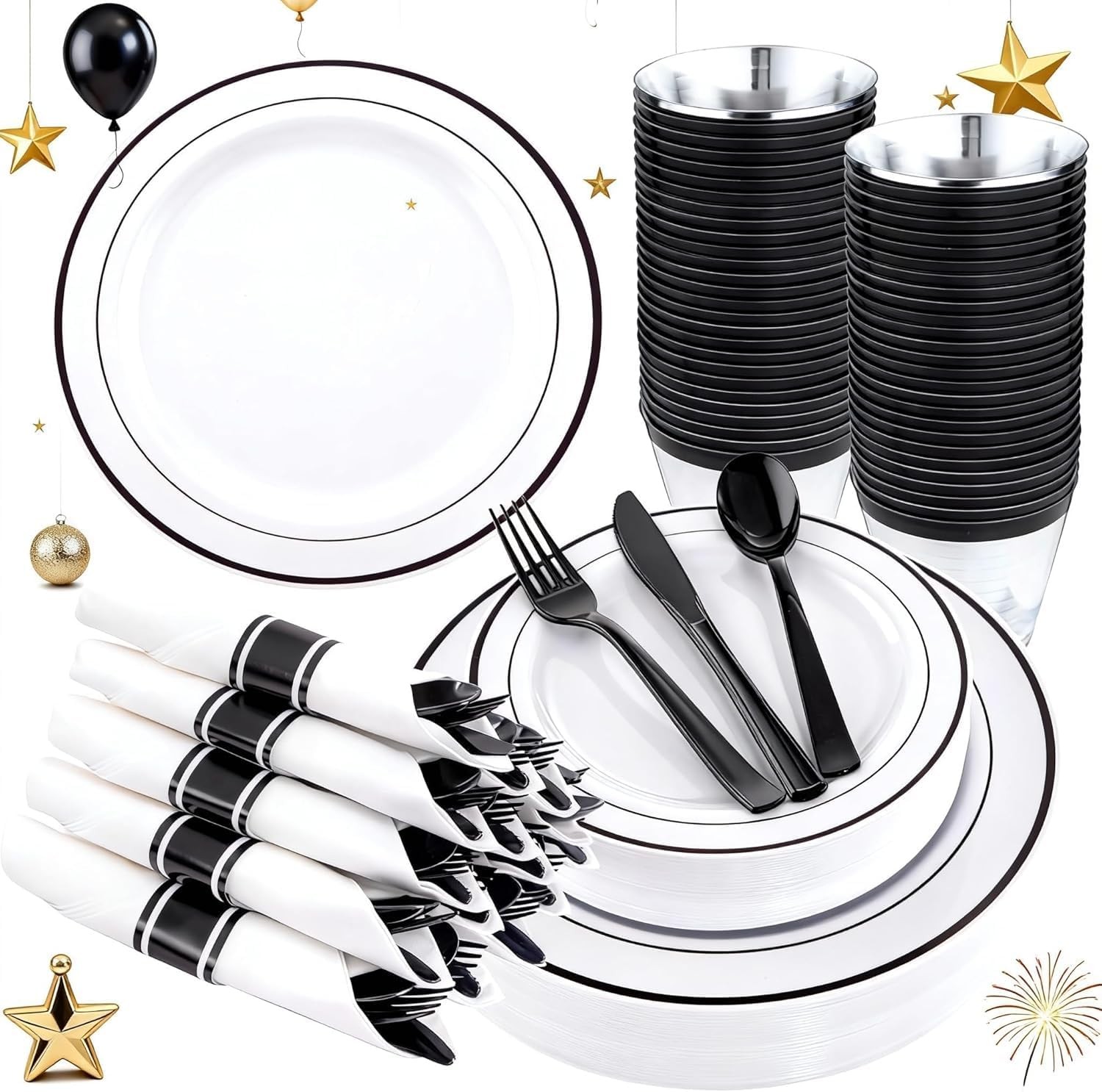 210Pcs Black Plastic Dinnerware with Pre Rolled Napkins, Include:30 Dinner