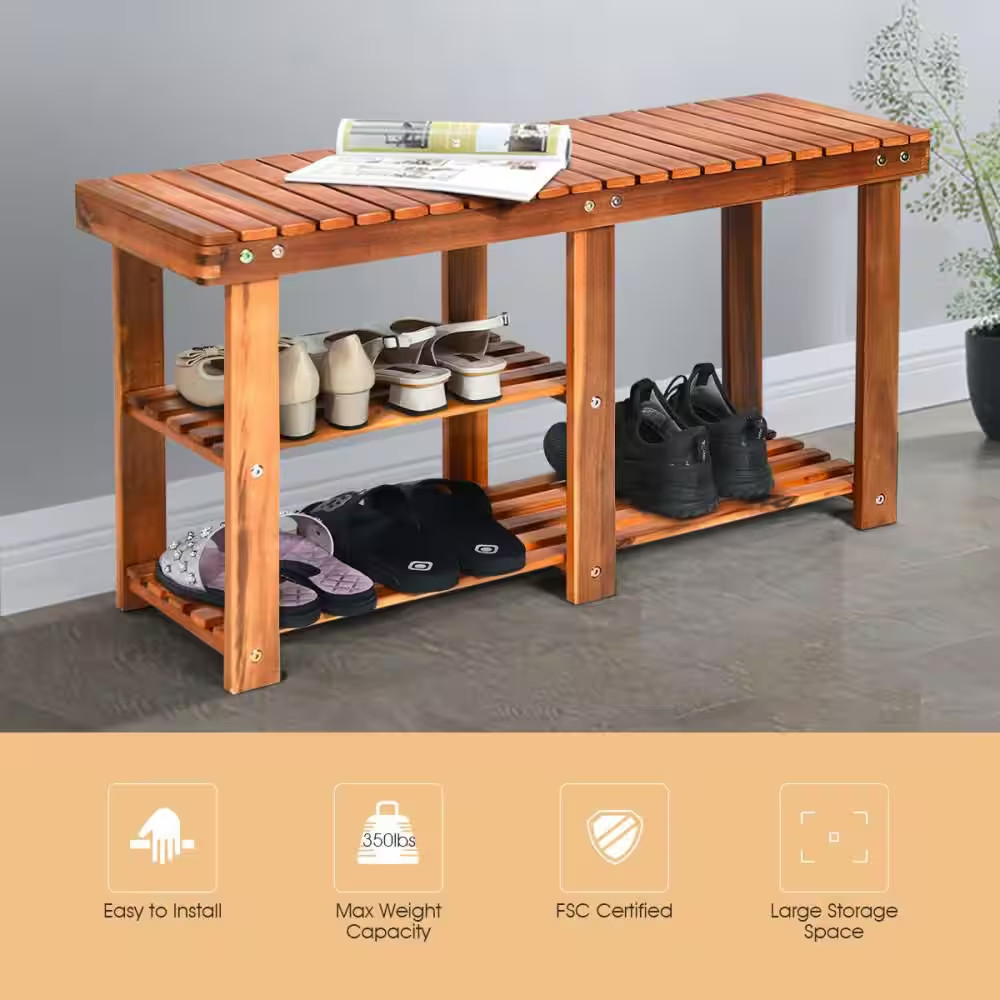 17.5 In. H X 34 In. W Wood Shoe Storage Bench 3-Tier Shoe Rack Freestanding Boot