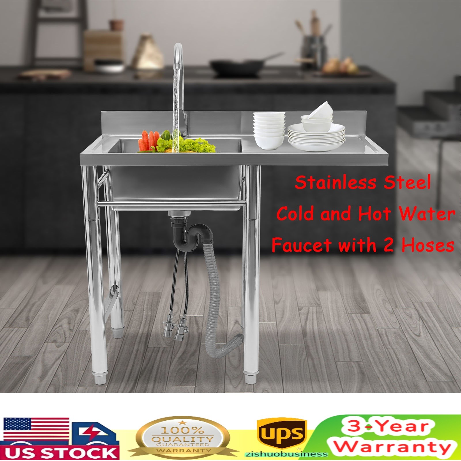 Commercial Kitchen Sink Prep Table with Faucet 304 Stainless Steel 1 Compartment