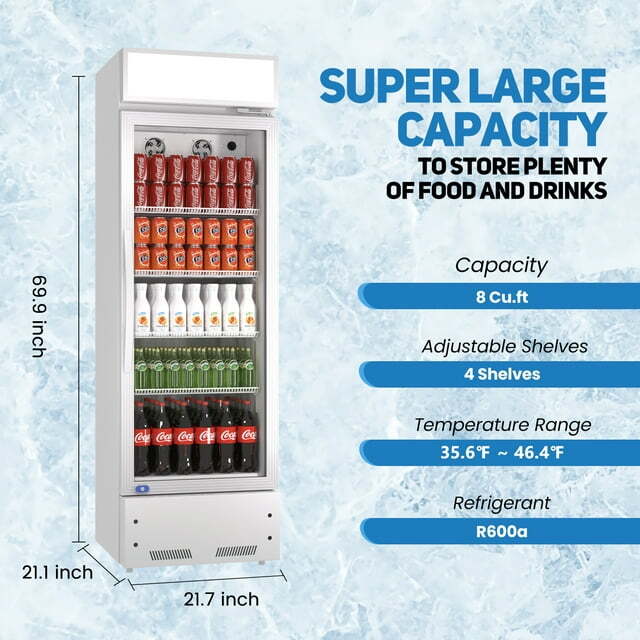 Merchandiser Commercial Refrigerator Glass Door Display Beverage Cooler 8 Cu.ft