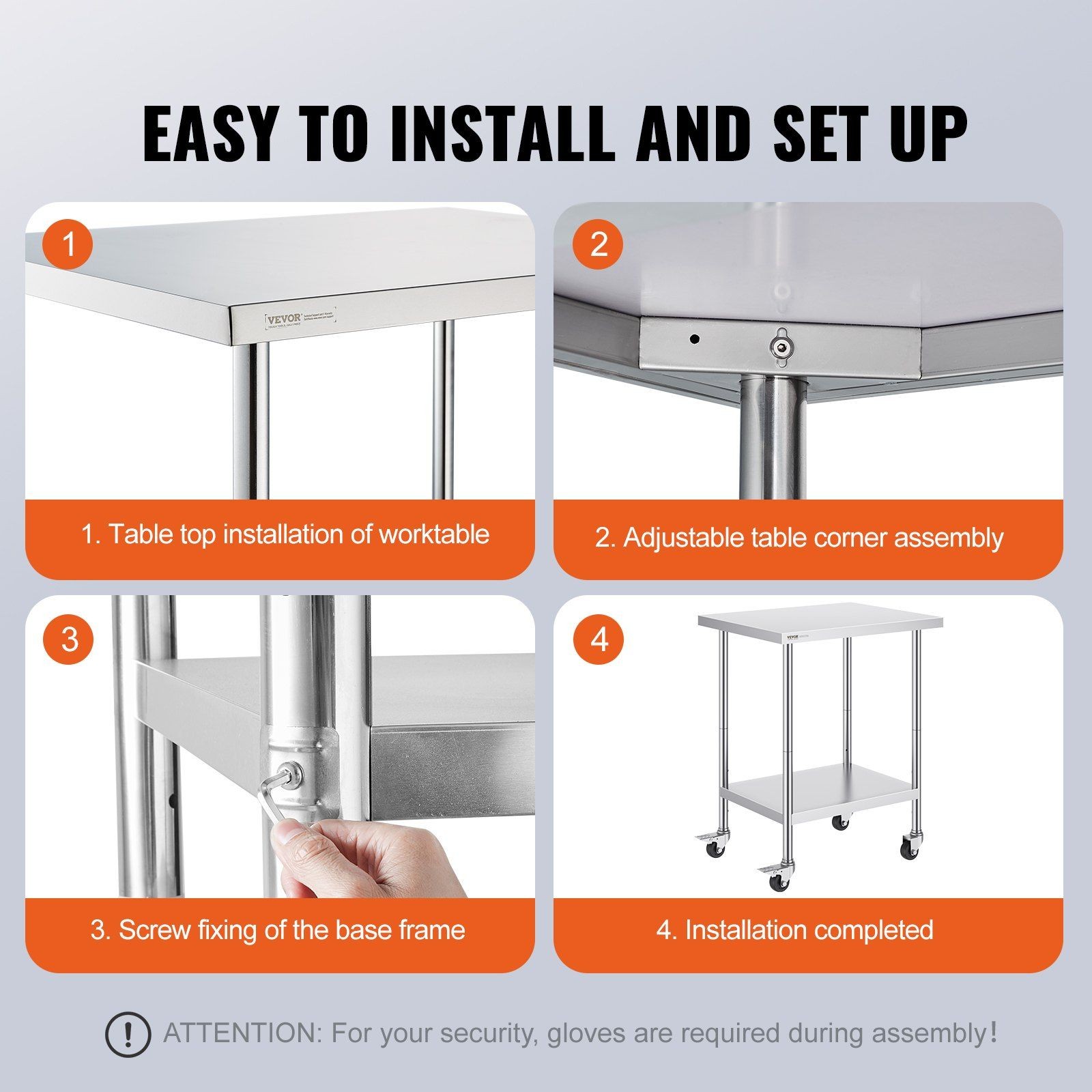 24x30x38in 3-Height Adjustable Stainless Steel Work Table with 4 Wheels