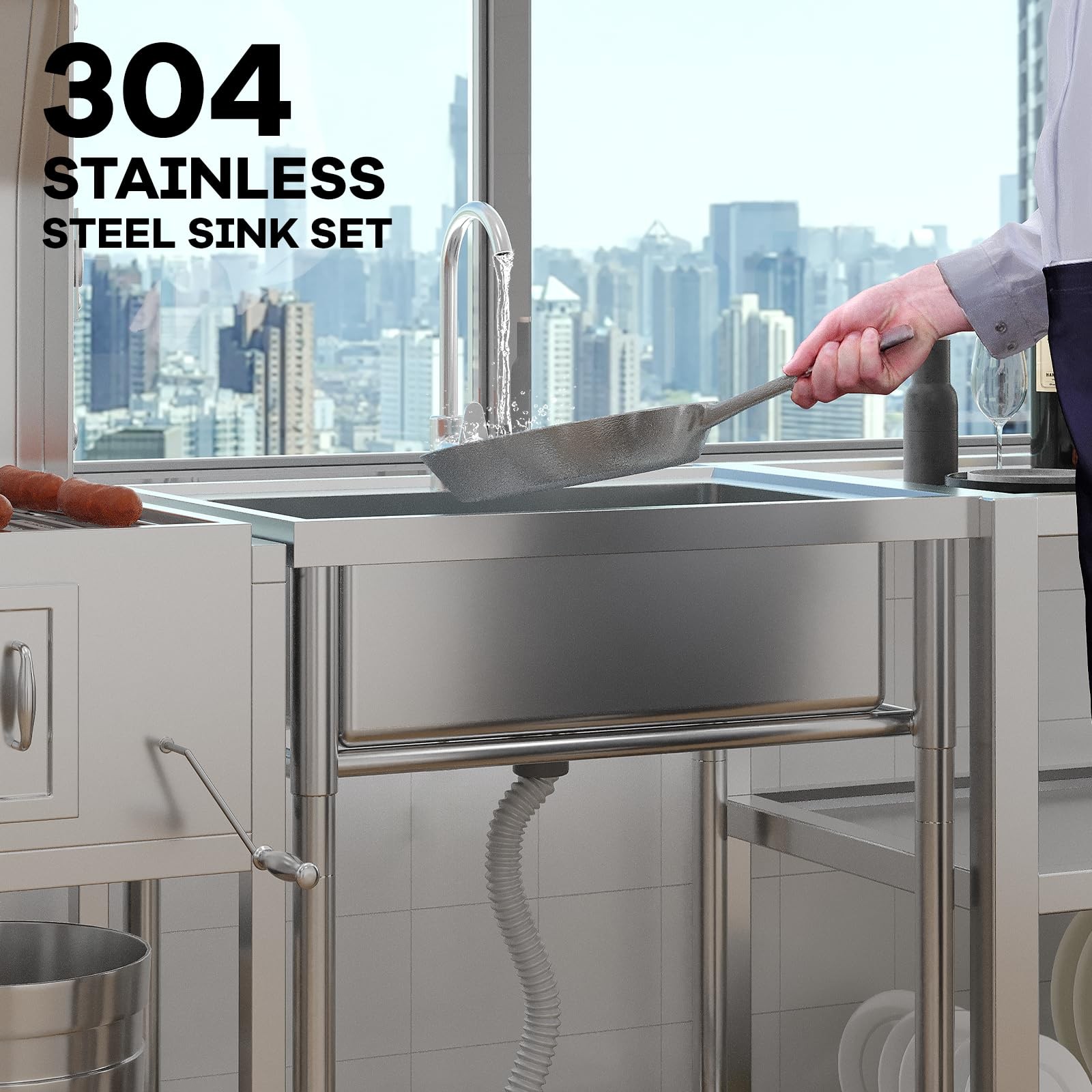Stainless Steel Utility Sink Free Standing Single Bowl Kitchen Sink with Faucet