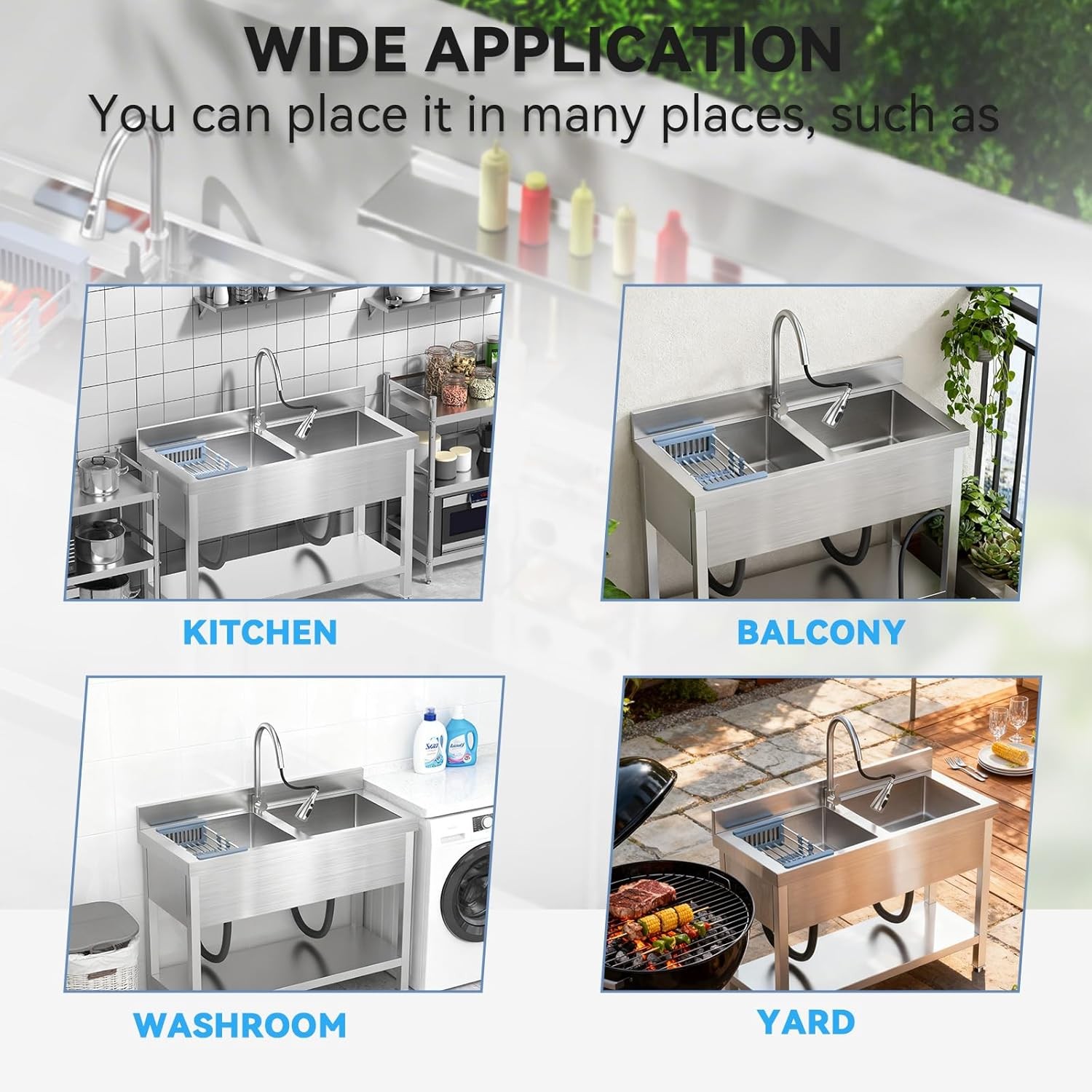 47Inch Double Bowl Stainless Steel Utility Kitchen Sink for Restaurant Outdoor