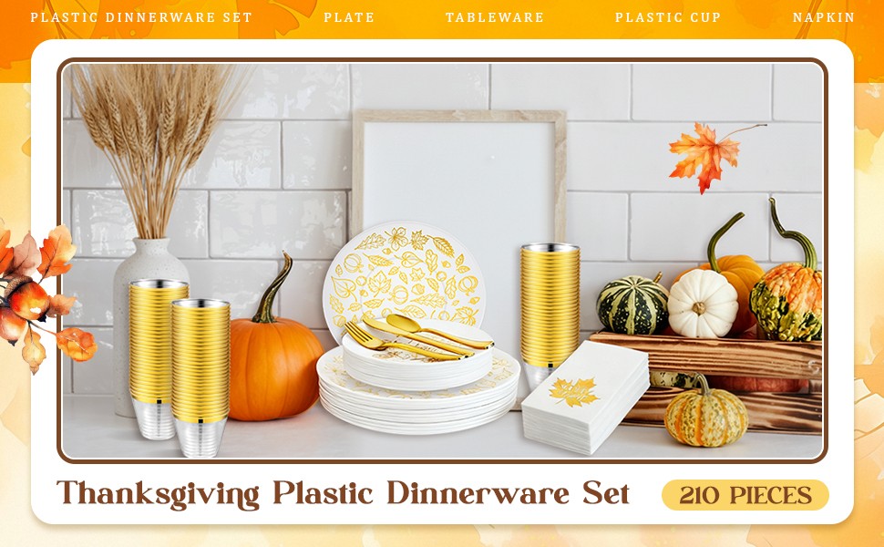 210 Pcs Thanksgiving Plastic Dinnerware Set, Disposable Plates Includes 30