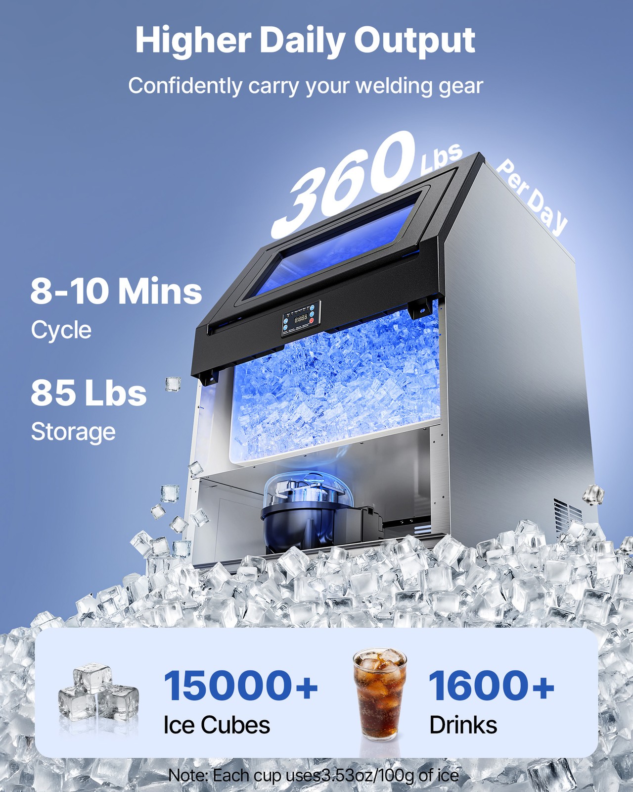 VEVOR Commercial Ice Maker 360 lbs/24h Ice Machine 85 lbs Storage Bar Restaurant