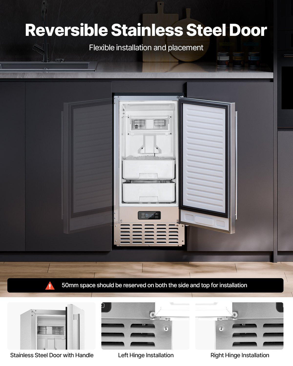 66LB/Day Built-In Nugget Ice Maker Under Counter Stainless Steel Reversible