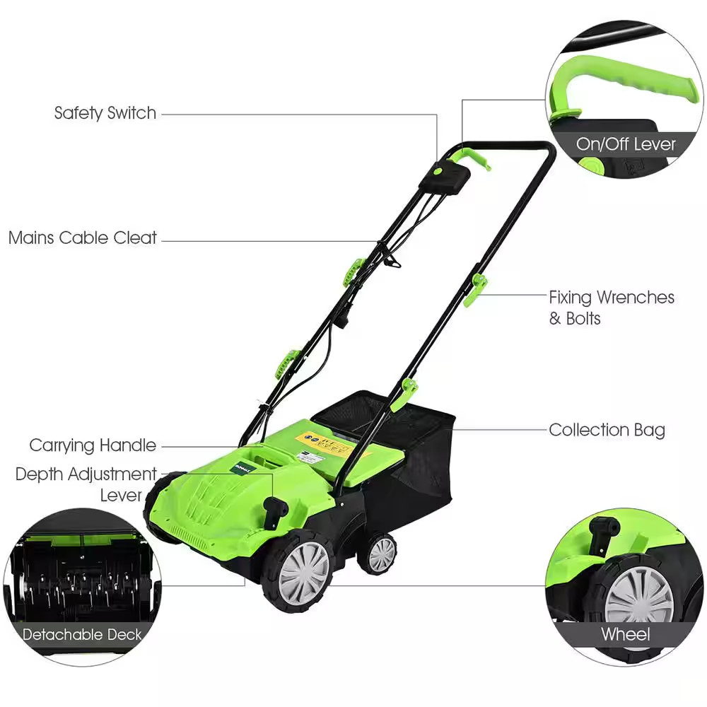 13 In. 12 Amp Corded Scarifier Electric Lawn Dethatcher W/40L Collection Bag Gre