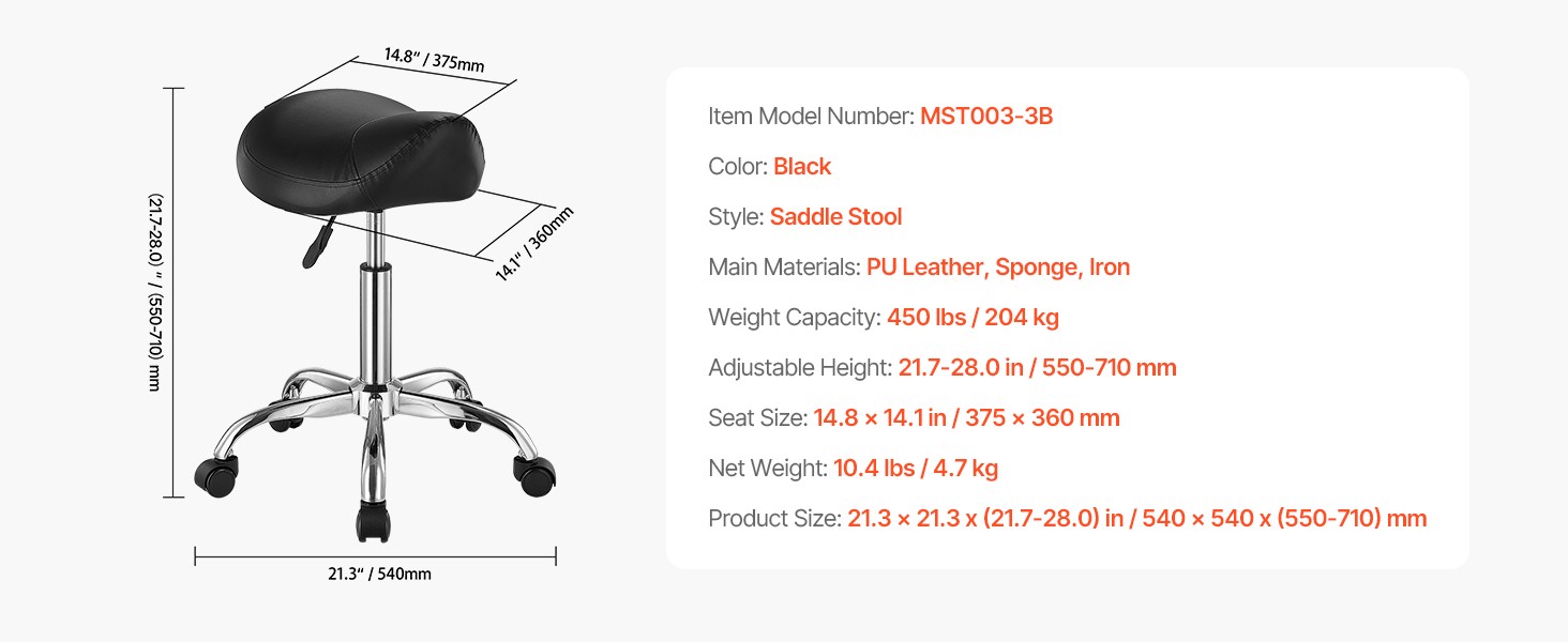Saddle Stool with Wheels, 450 LBS Weight Capacity Ergonomic Rolling Stool,