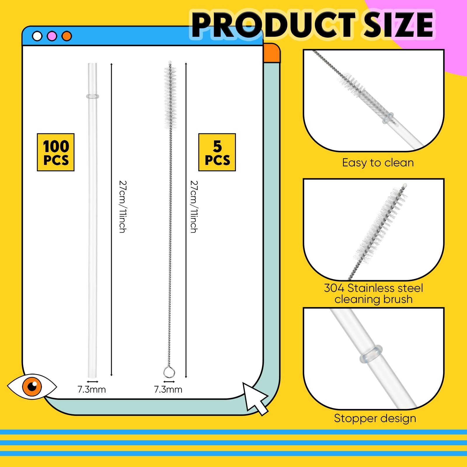 100 Pack Reusable Plastic Straws for Tumblers approx. 11 inches, Transparent