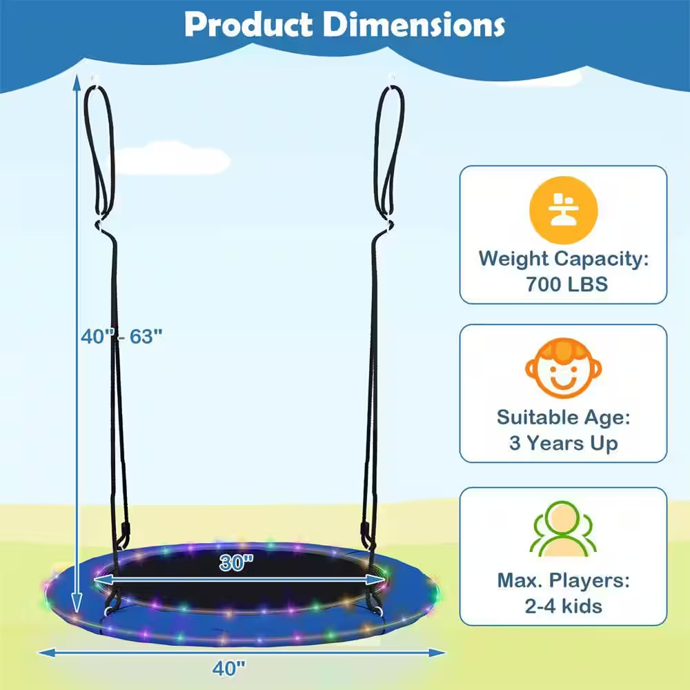 Black Blue 40 In. Saucer Tree Swing 660 Lbs. for Kids Adults Outdoor W/Led Light