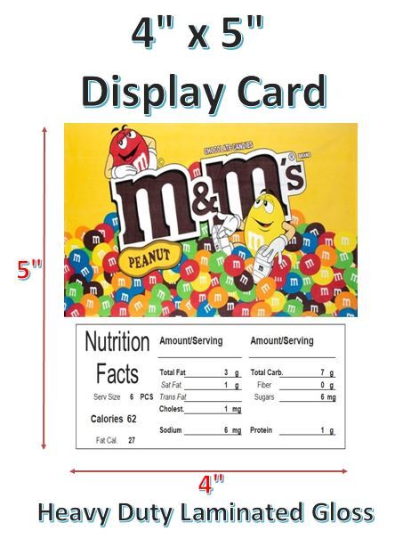 Candy Vending Machine Label Laminated Display Card with Nutrition Info 4 x 5 in