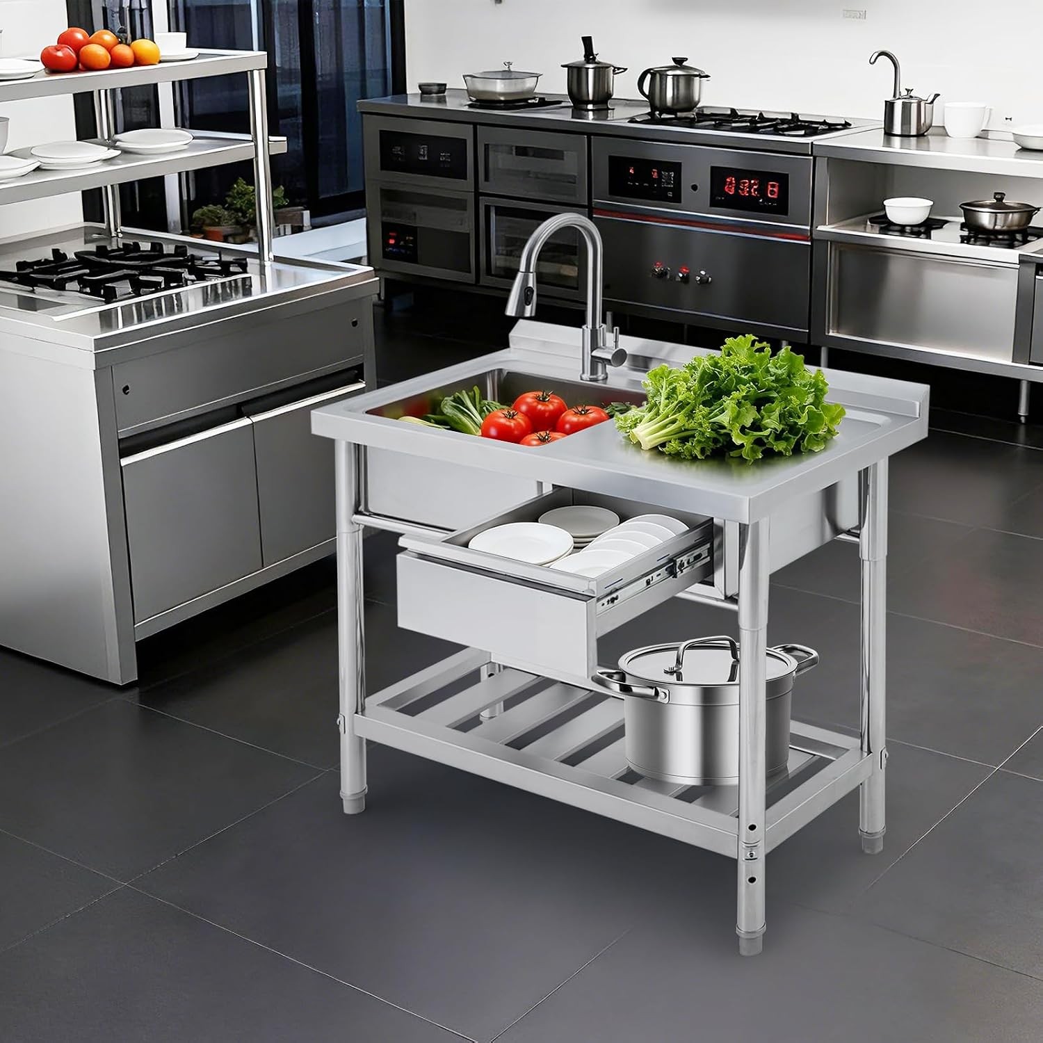 39×19.7×37.4 Inch Stainless Steel Commercial Utility Sink Single Bowl w/ Drawer