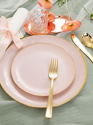 210Pcs Plastic Pink Plates with Gold Plastic Silverware Set Include 30Pink