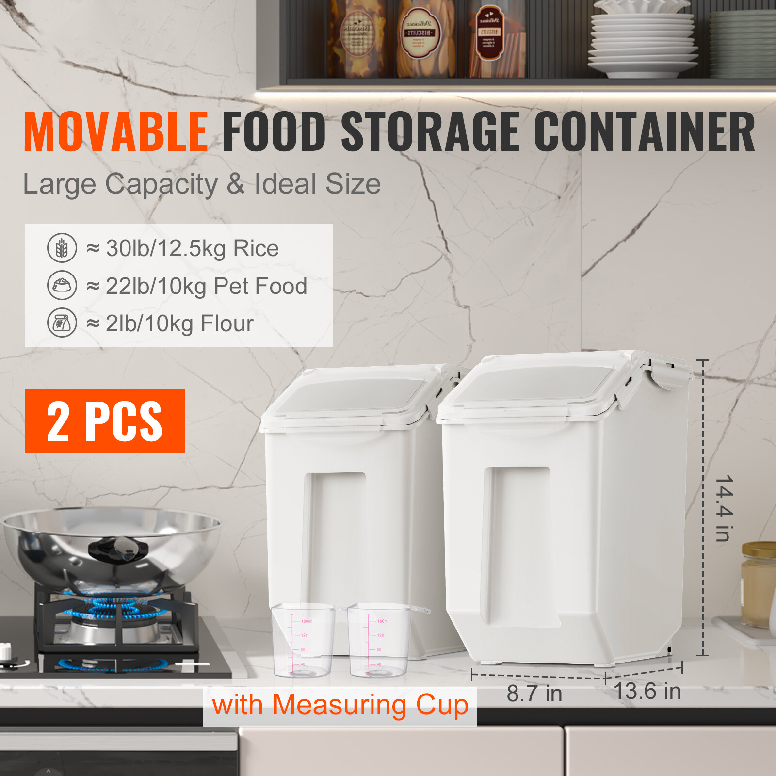 VEVOR 2x15L Ingredient Storage Bin Dog Pet Food Storage Container On Wheel w/Cup