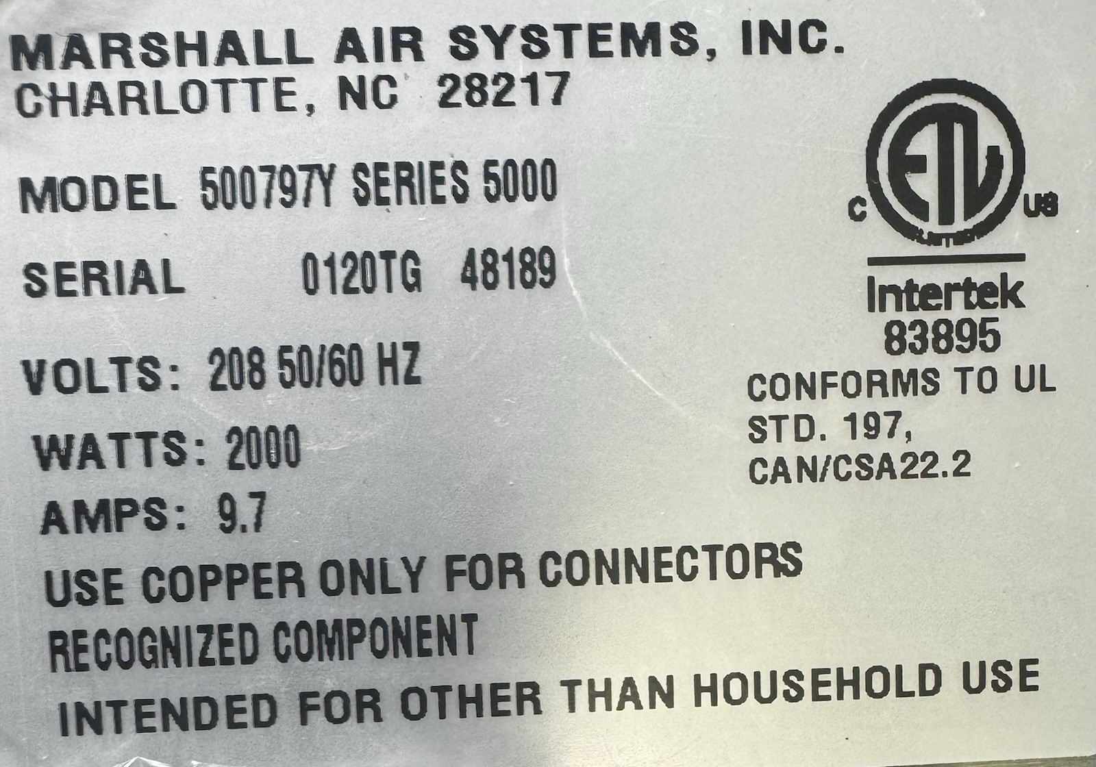 Marshall Air Systems ThermoGlo Strip Warmer 500797Y208 208 Volt. 10” X 60”