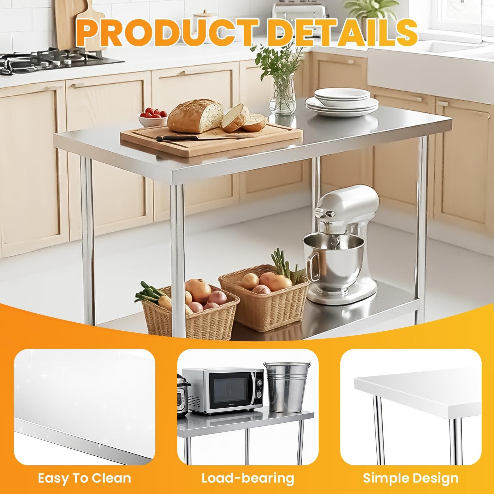 30″ x 48″ Stainless Steel Work Table, Heavy Duty Commercial Kitchen Prep Table