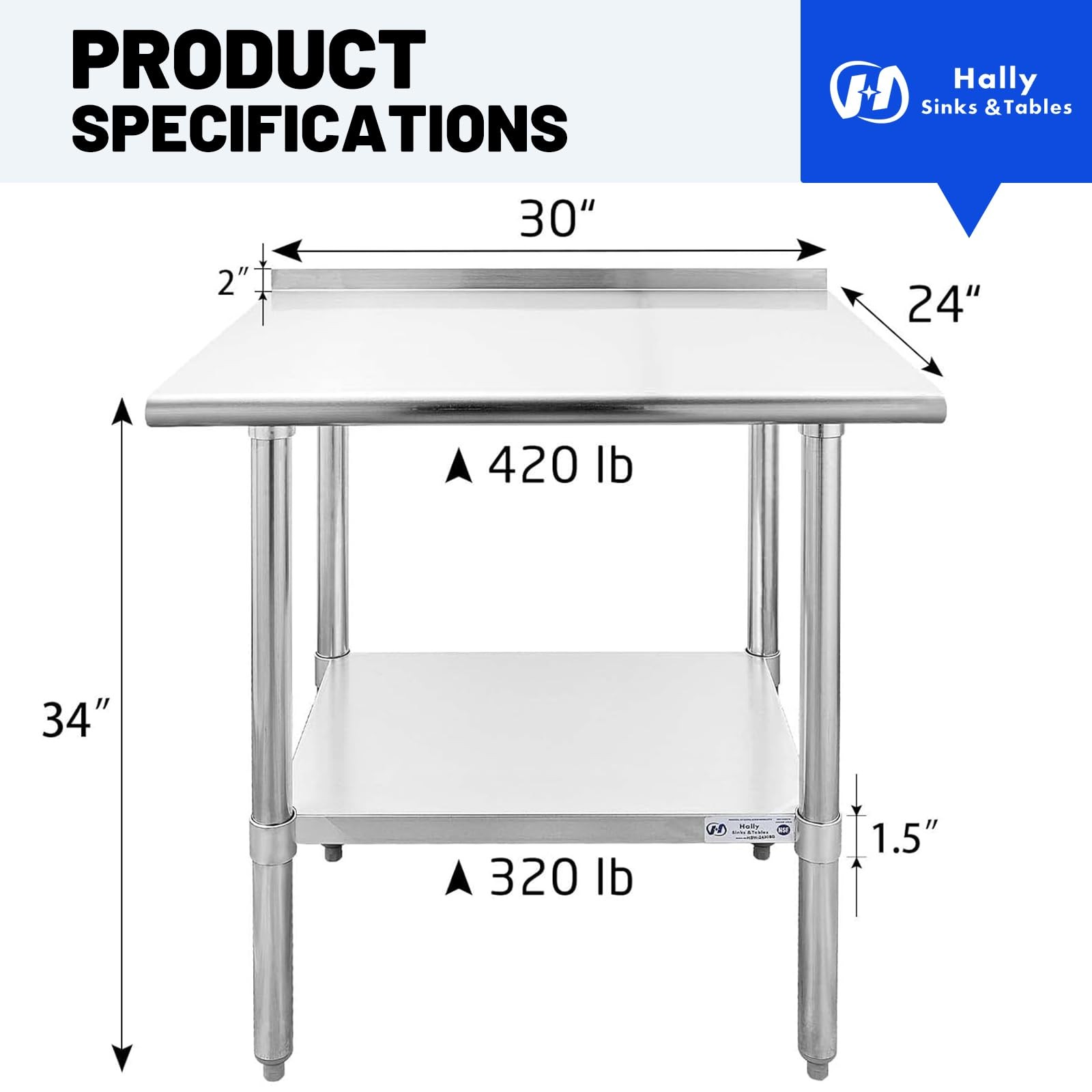 Stainless Steel Prep Work Table 24×30 NSF with Undershelf Backsplash Kitchen