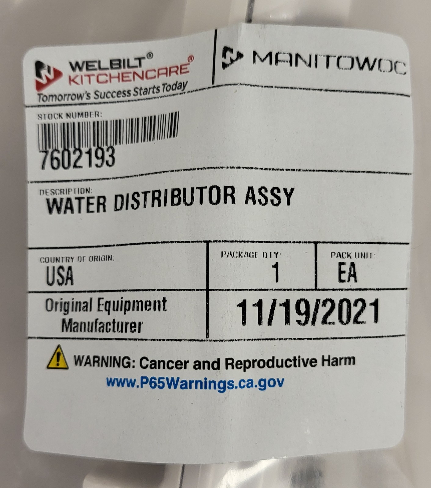NEW MANITOWOC 7602193 -WATER DISTRIBUTION TUBE ASSY. 18″ X 3 3/4″ X 1 1/2″
