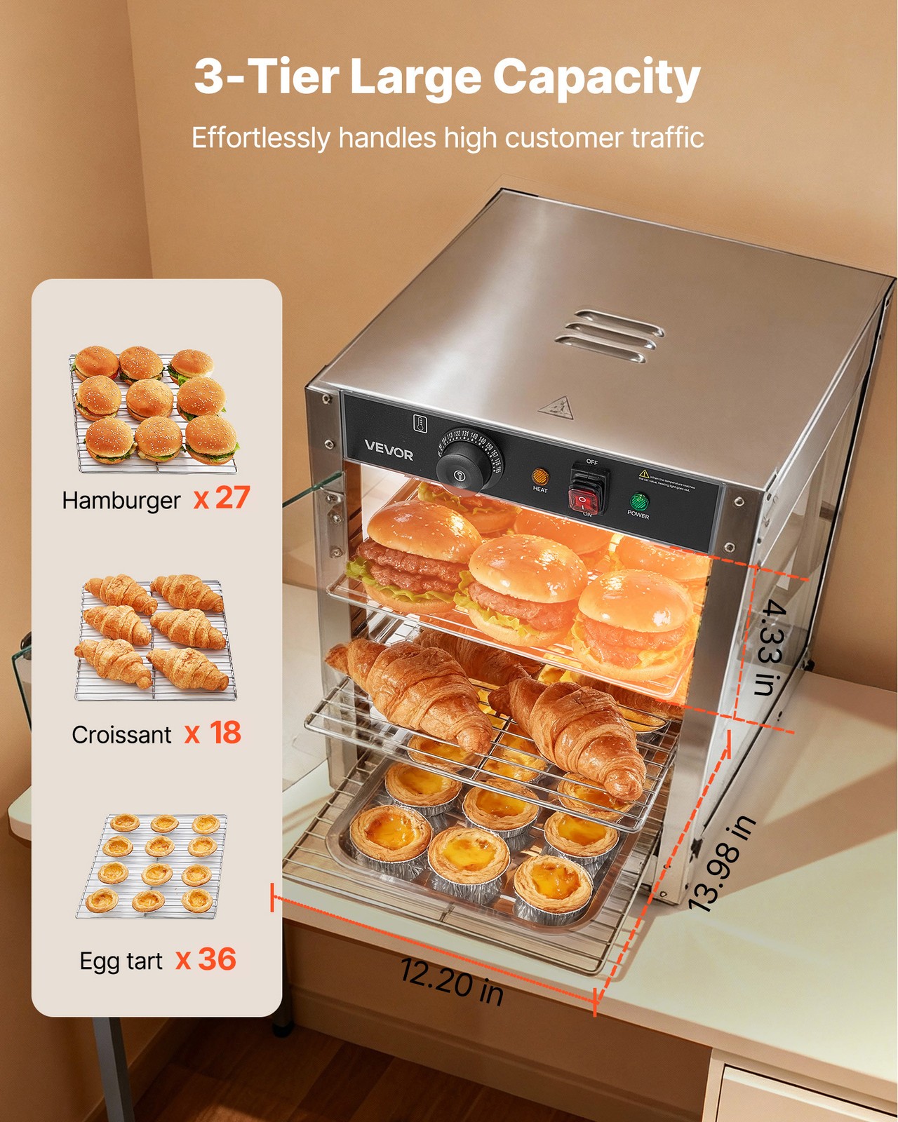 VEVOR 3-Tier Commercial Food Warmer Display Pizza Cabinet 34L with LED Light