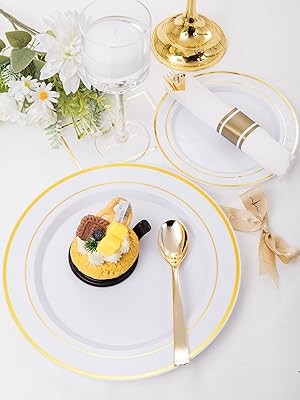 210PCS Gold Plastic Dinnerware Set Gold Plates Disposable Disposable Plates for
